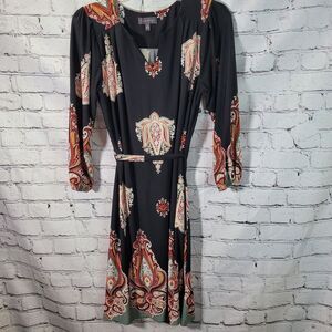 Luxology Paisley Medallion Dress Womens Small Black Orange Excellent Boho Belted
